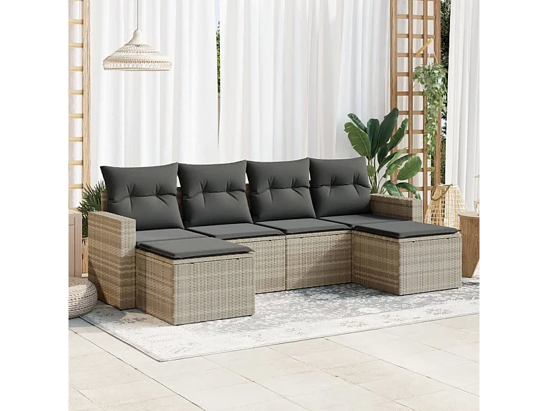 6 pcs conj. sofás jardim com almofadões vime PE cinzento-claro