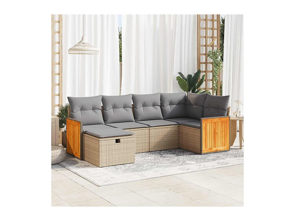 6-tlg. Garten-Sofagarnitur mit Kissen Beige Poly Rattan