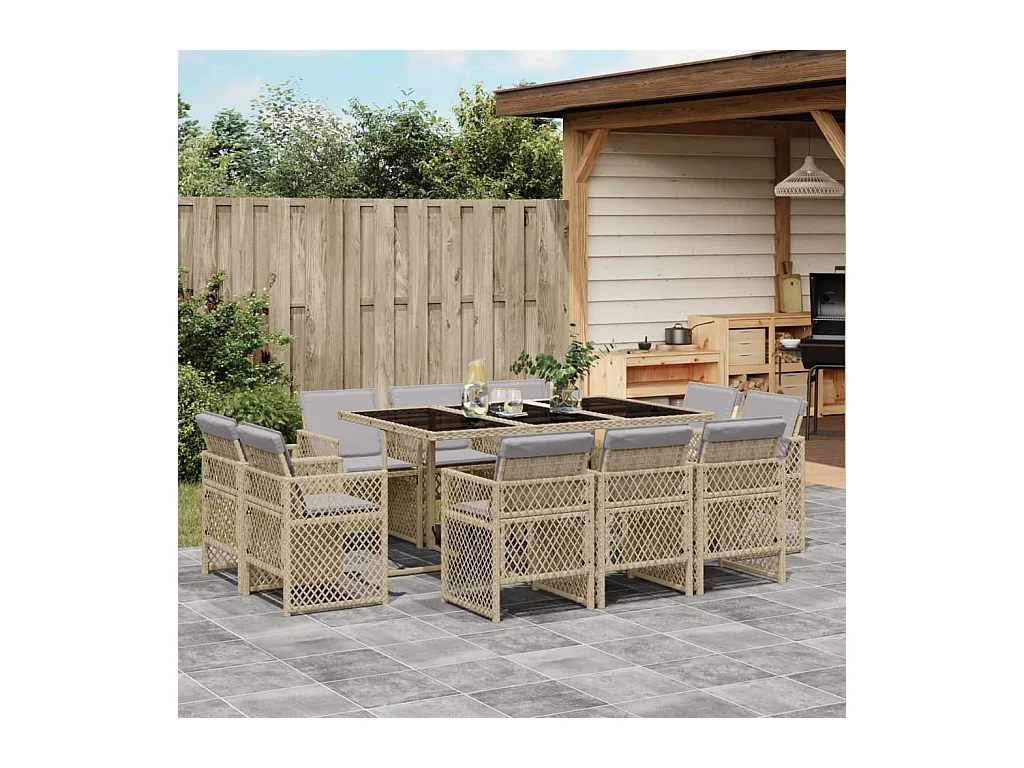 Ensemble à manger de jardin et coussins 11 pcs mélange beige