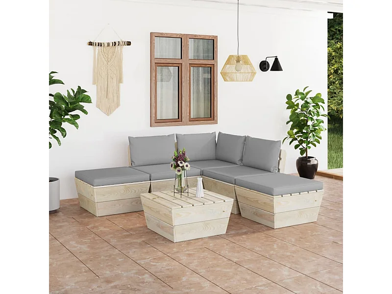 Set Divani da Giardino su Pallet 6 pz con Cuscini Legno Abete