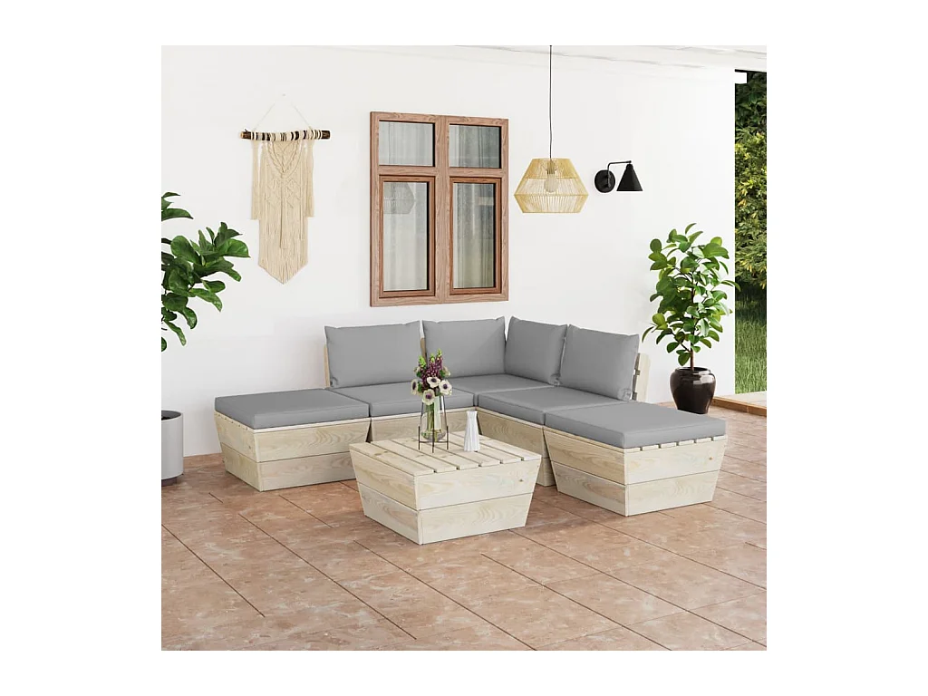 Set Divani da Giardino su Pallet 6 pz con Cuscini Legno Abete