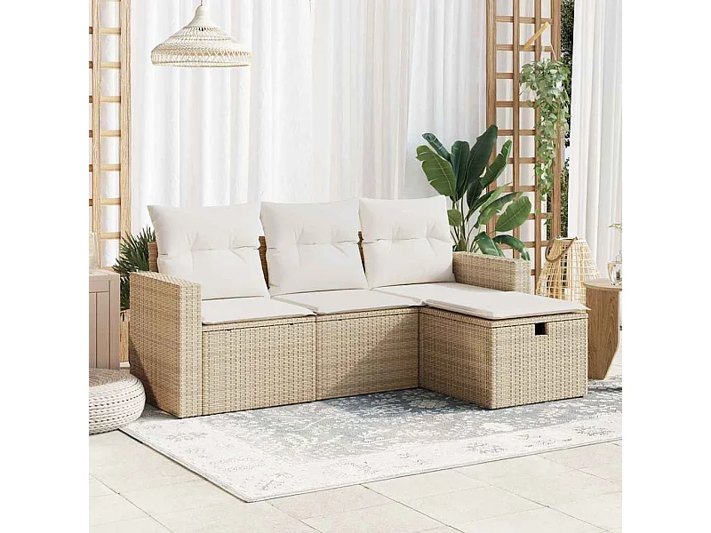 4-tlg. Garten-Sofagarnitur mit Kissen Beige Poly Rattan