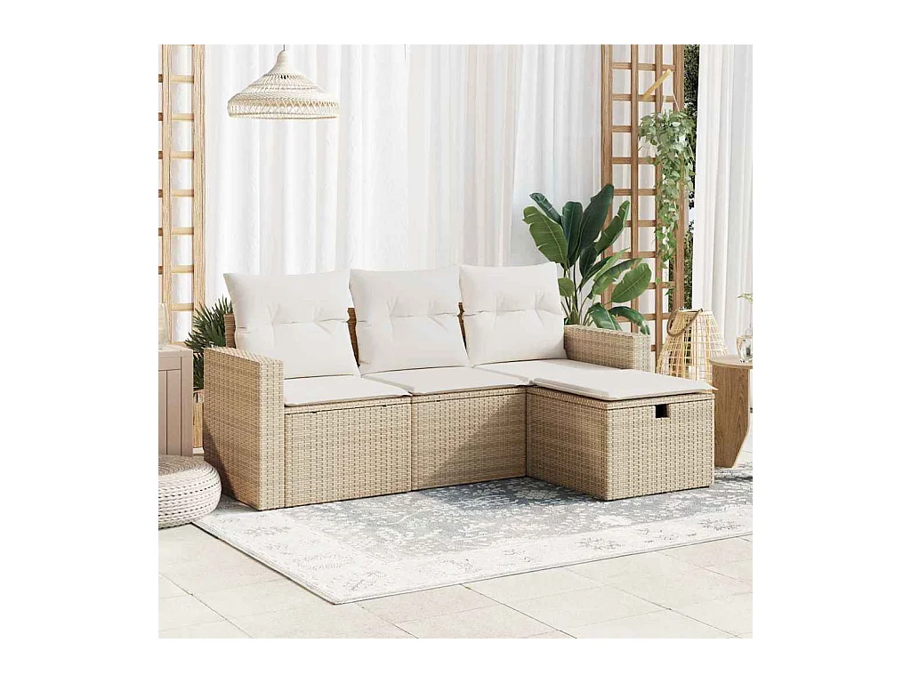 4-tlg. Garten-Sofagarnitur mit Kissen Beige Poly Rattan