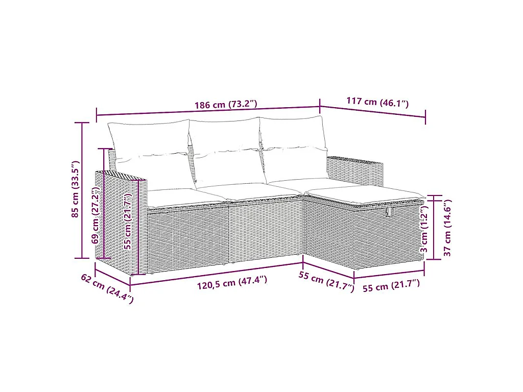 Set Divano da Giardino 4 pz con Cuscini Beige in Polyrattan