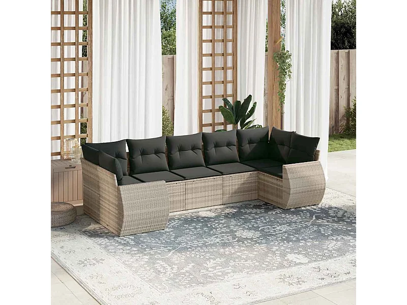 7 pcs conj. sofás jardim com almofadões vime PE cinzento-claro