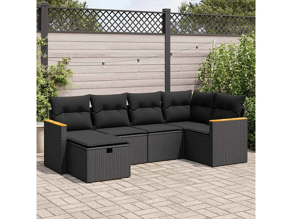 6-delige Loungeset met kussens poly rattan zwart