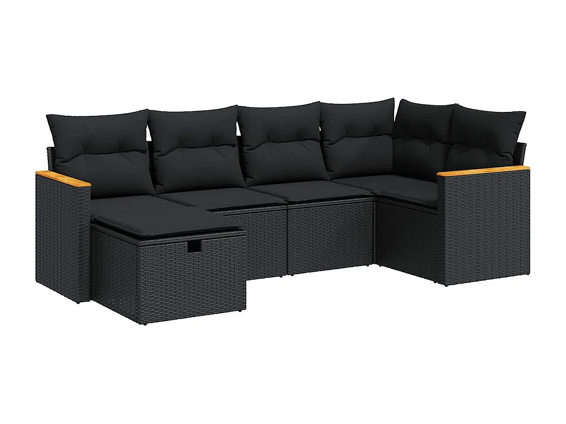 6-delige Loungeset met kussens poly rattan zwart