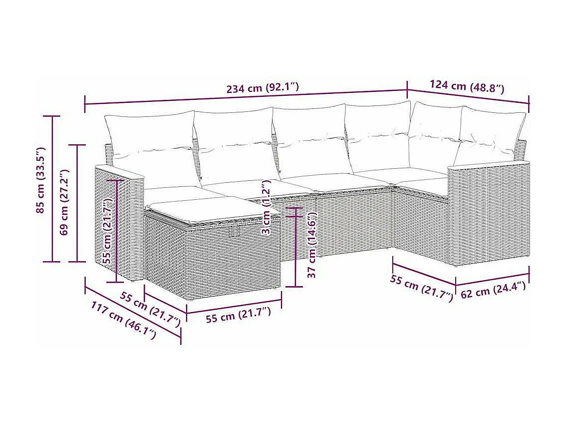 6-delige Loungeset met kussens poly rattan zwart