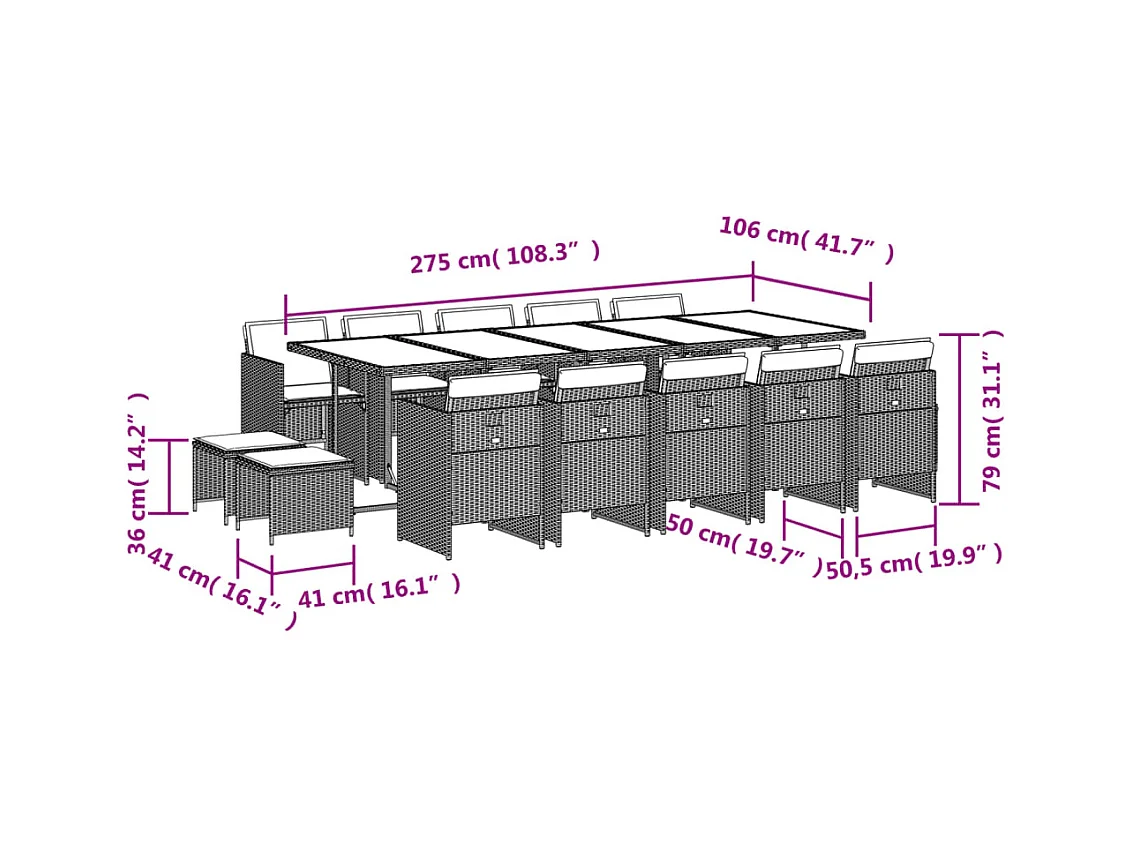 Ensemble à manger de jardin 15 pcs coussins gris résine tressée