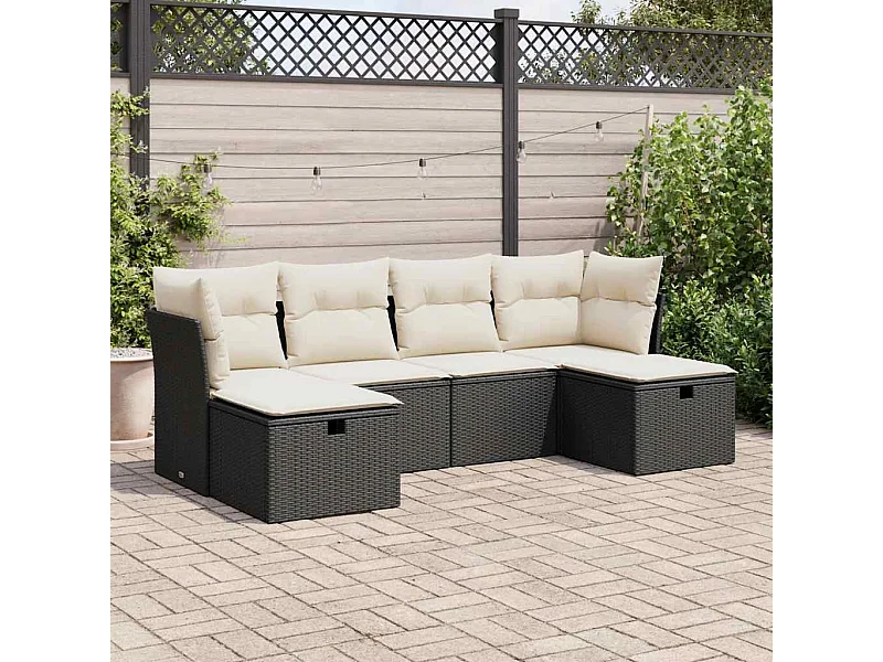 Set Divano da Giardino 6 pz con Cuscini Nero in Polyrattan