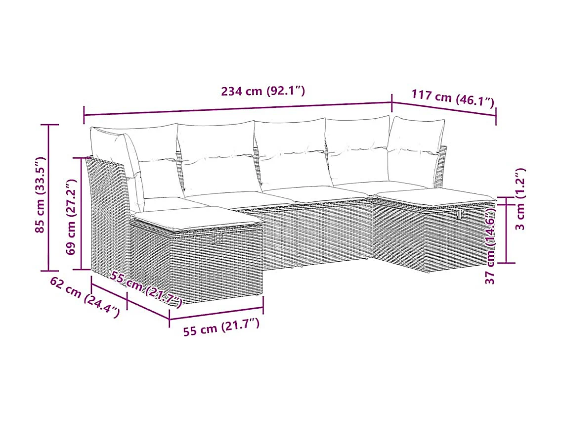 6 pcs conjunto sofás de jardim c/ almofadões vime PE preto