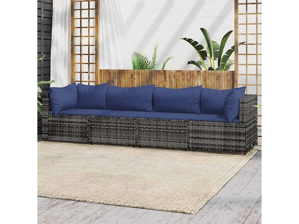 Salon de jardin 4 pcs avec coussins Gris Résine tressée