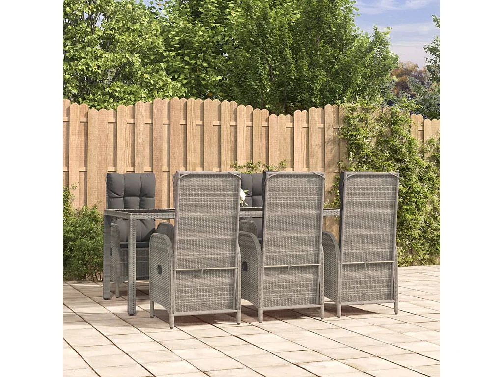 Set da Pranzo da Giardino 7 pz con Cuscini in Polyrattan Grigio