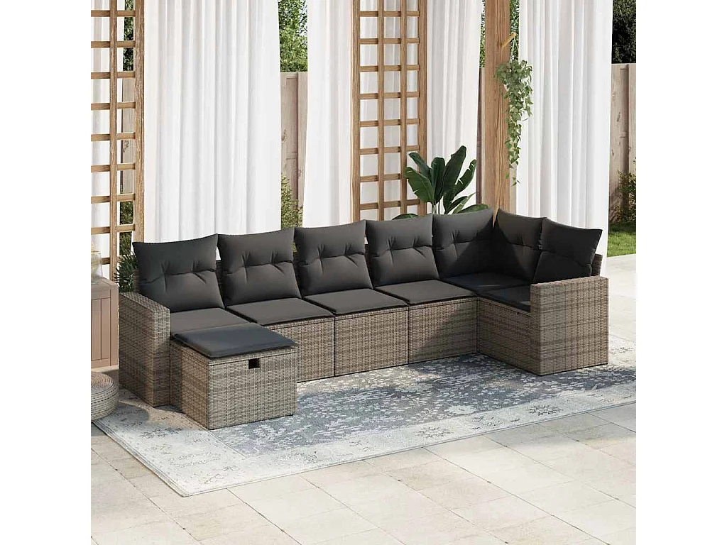 Set Divani da Giardino 7 pz con Cuscini Grigio in Polyrattan