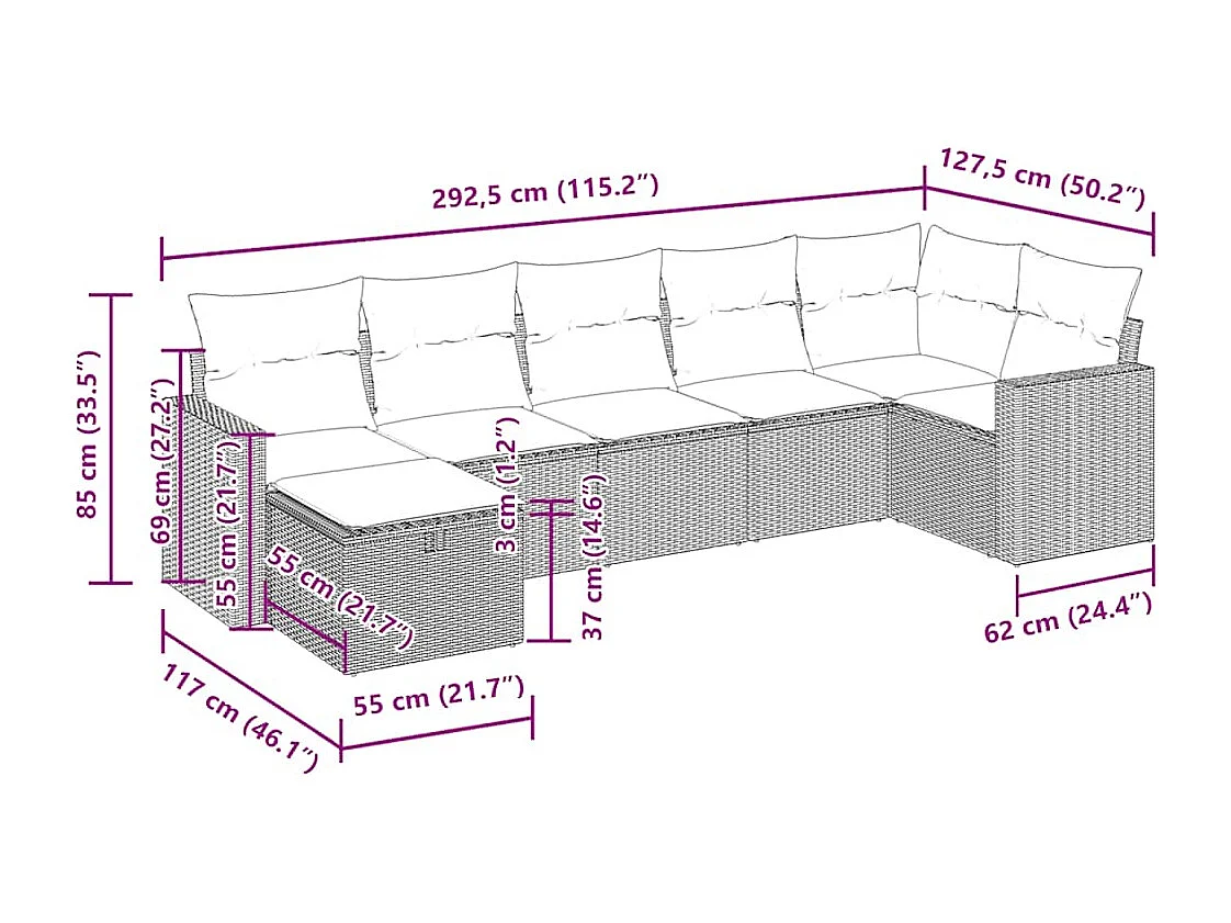 Set Divani da Giardino 7 pz con Cuscini Grigio in Polyrattan