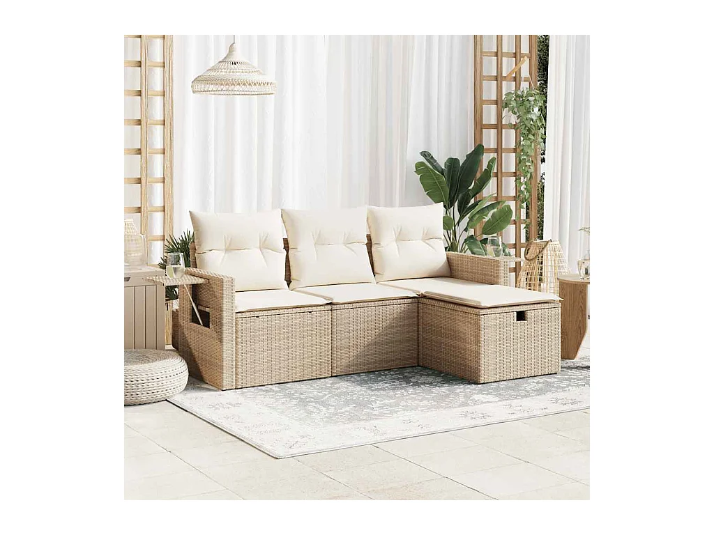 Set Divano da Giardino 4 pz con Cuscini Beige in Polyrattan