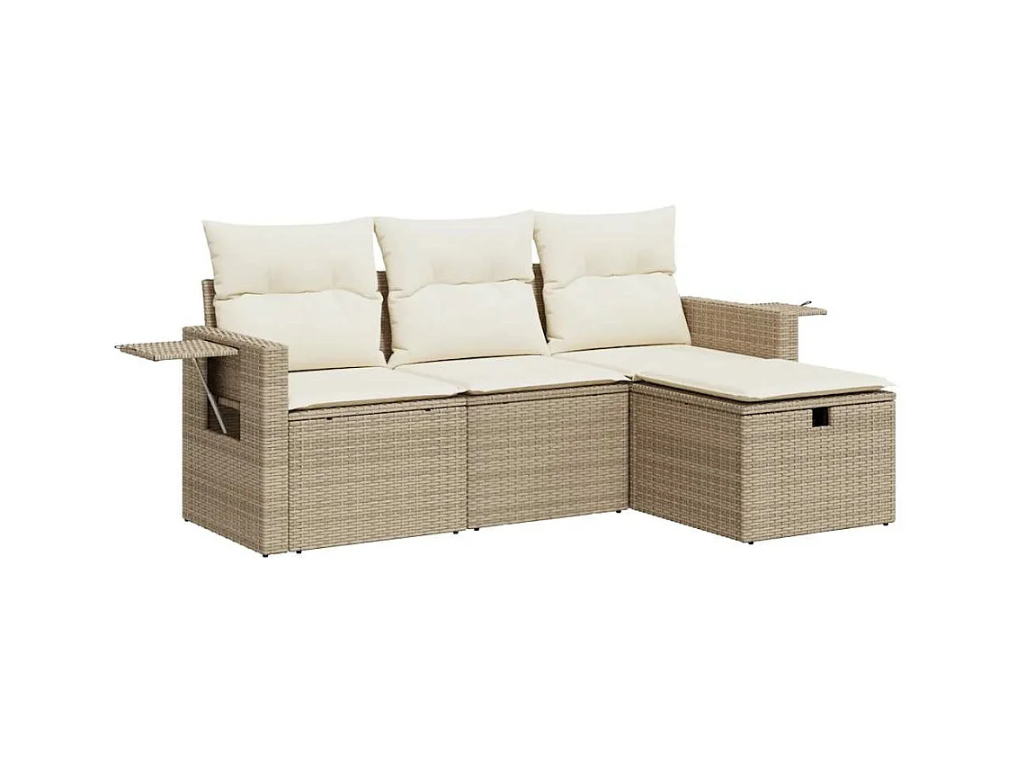 Set Divano da Giardino 4 pz con Cuscini Beige in Polyrattan