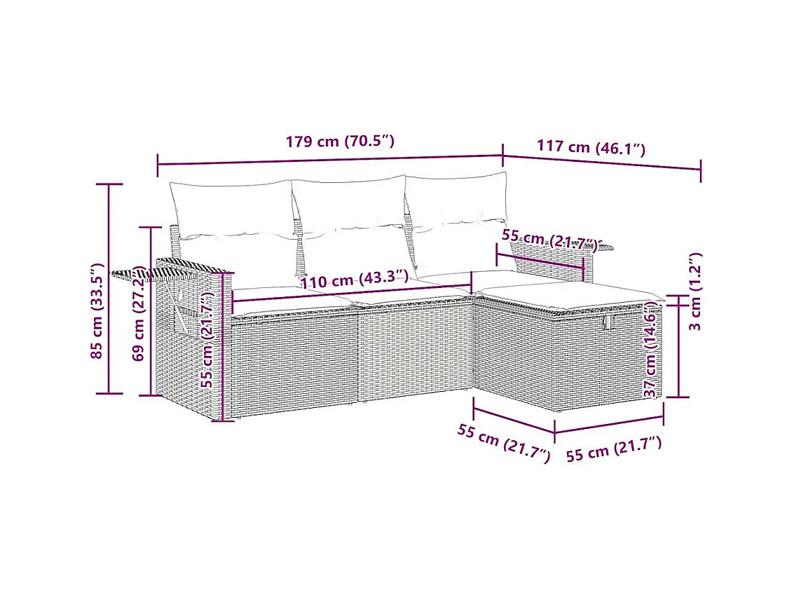Set Divano da Giardino 4 pz con Cuscini Beige in Polyrattan