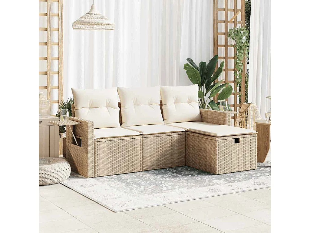 Salon de jardin avec coussins 4 pcs beige résine tressée