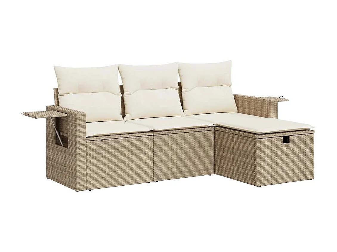 4-tlg. Garten-Sofagarnitur mit Kissen Beige Poly Rattan