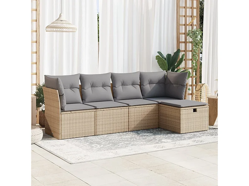 5-delige Loungeset met kussens poly rattan beige
