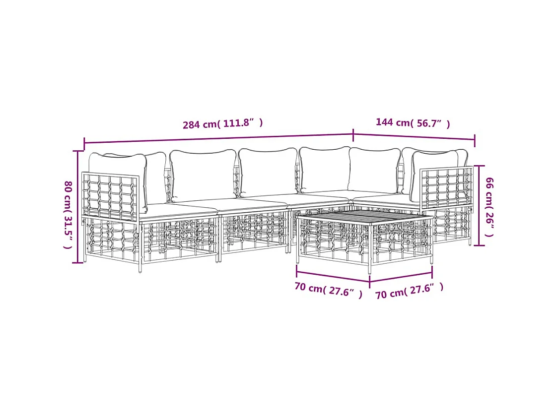 6-delige Loungeset met kussens poly rattan antracietkleurig