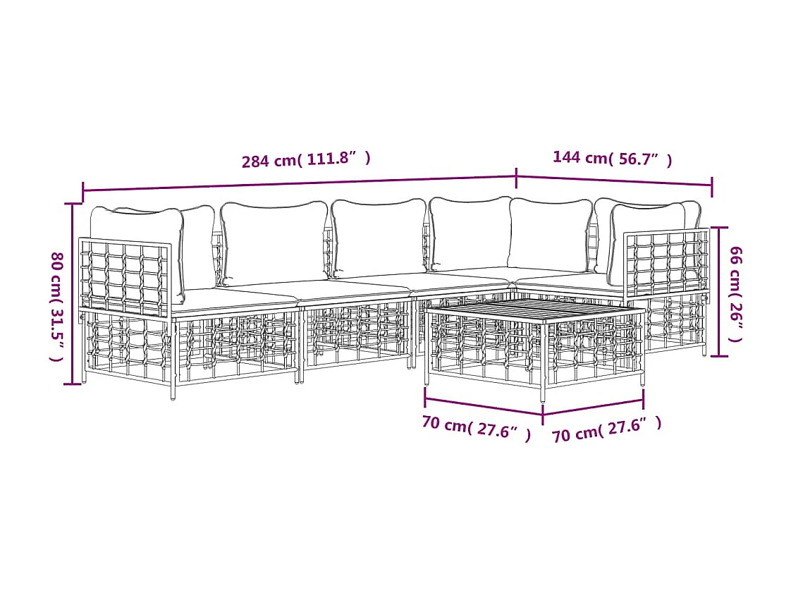 Salon de jardin 6 pcs avec coussins anthracite résine tressée