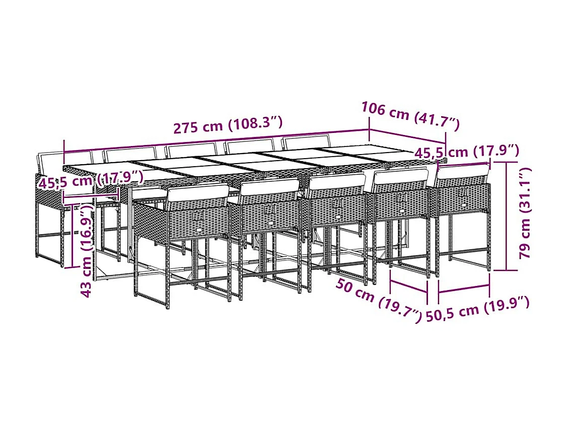 Ensemble à manger de jardin 11pcs avec coussins gris poly rotin