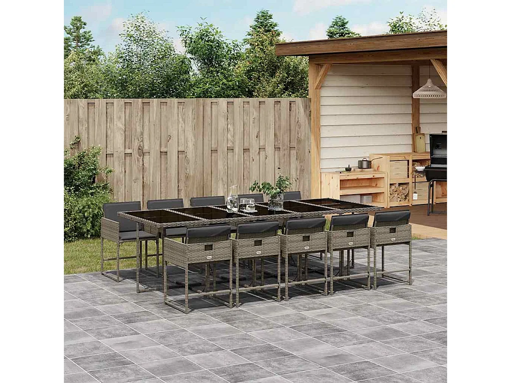 11 pcs conjunto jantar p/ jardim c/ almofadões vime PE cinzento