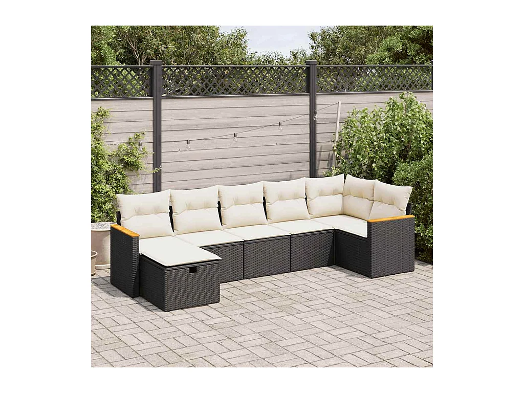 Salon de jardin 7 pcs avec coussins noir résine tressée