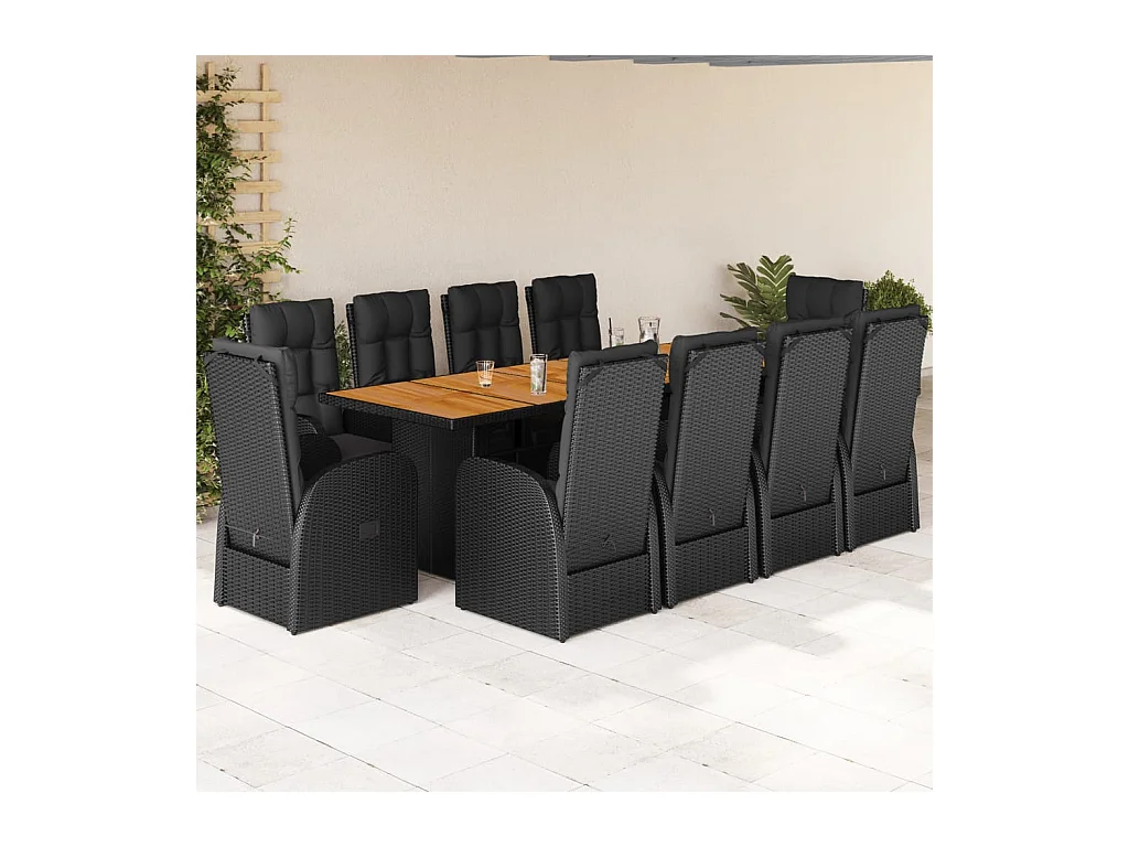 11 pcs conjunto de jantar p/ jardim c/ almofadões vime PE preto