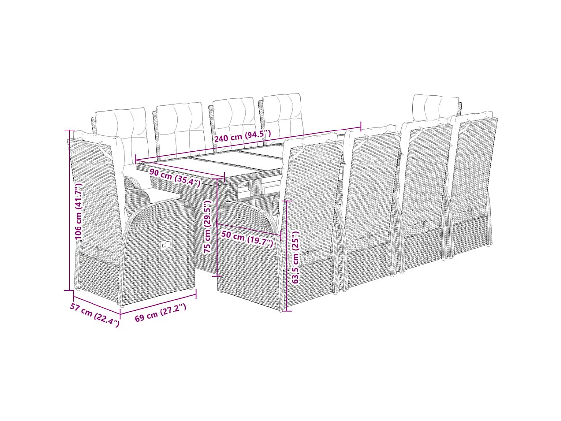 11 pcs conjunto de jantar p/ jardim c/ almofadões vime PE preto