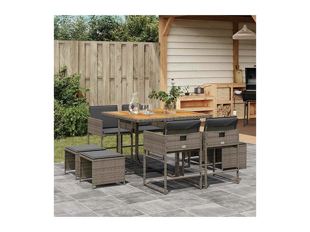 Ensemble à manger de jardin 9 pcs coussins gris résine tressée