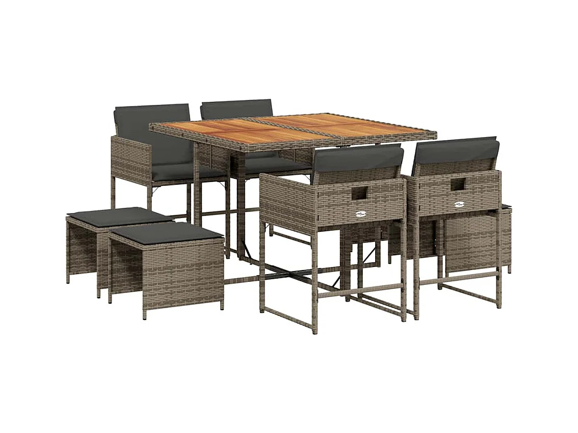 Ensemble à manger de jardin 9 pcs coussins gris résine tressée