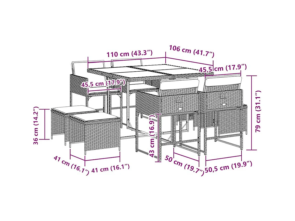 Ensemble à manger de jardin 9 pcs coussins gris résine tressée