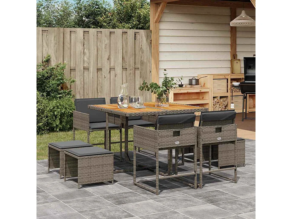 Ensemble à manger de jardin 9 pcs coussins gris résine tressée