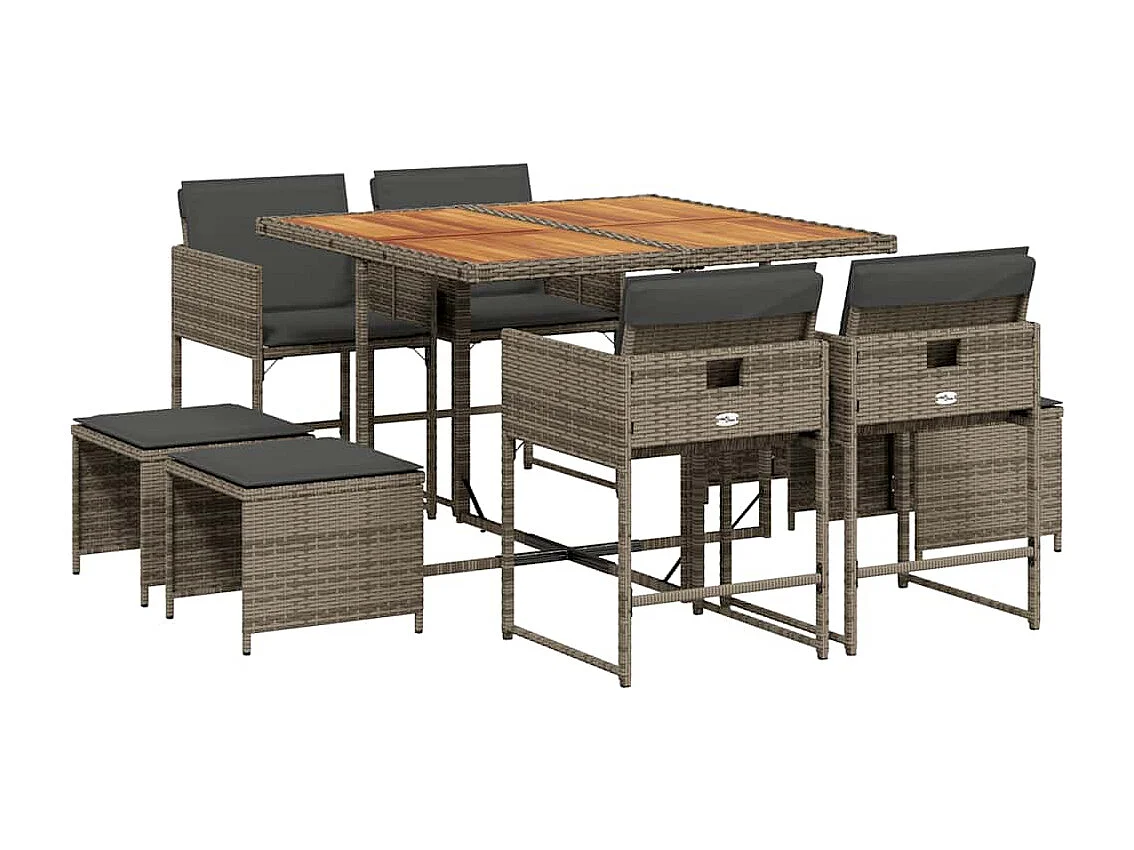 Ensemble à manger de jardin 9 pcs coussins gris résine tressée