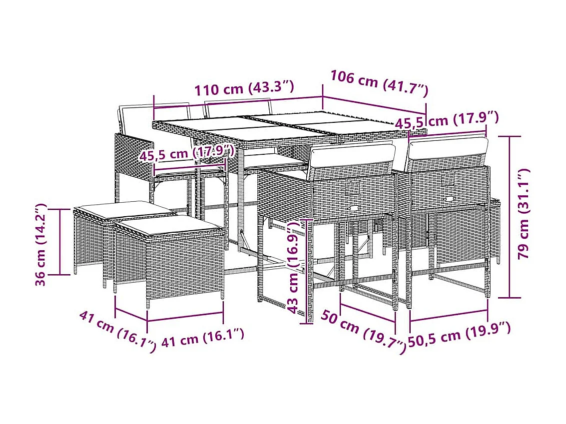 Ensemble à manger de jardin 9 pcs coussins gris résine tressée