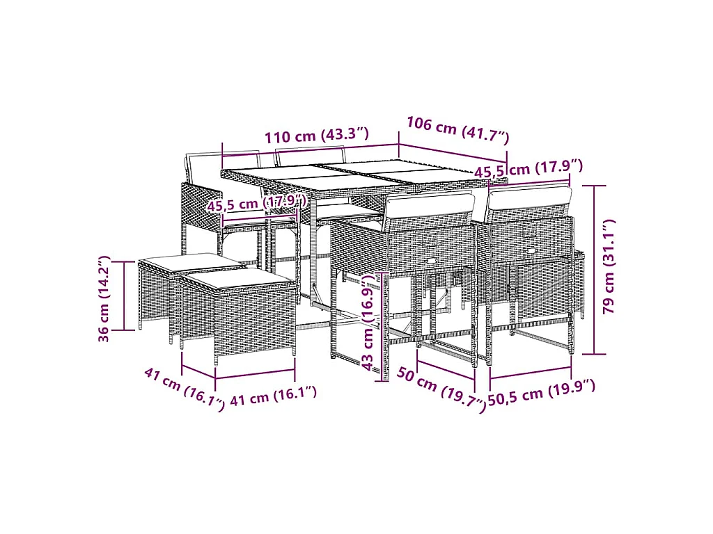 9-delige Tuinset met kussens poly rattan grijs