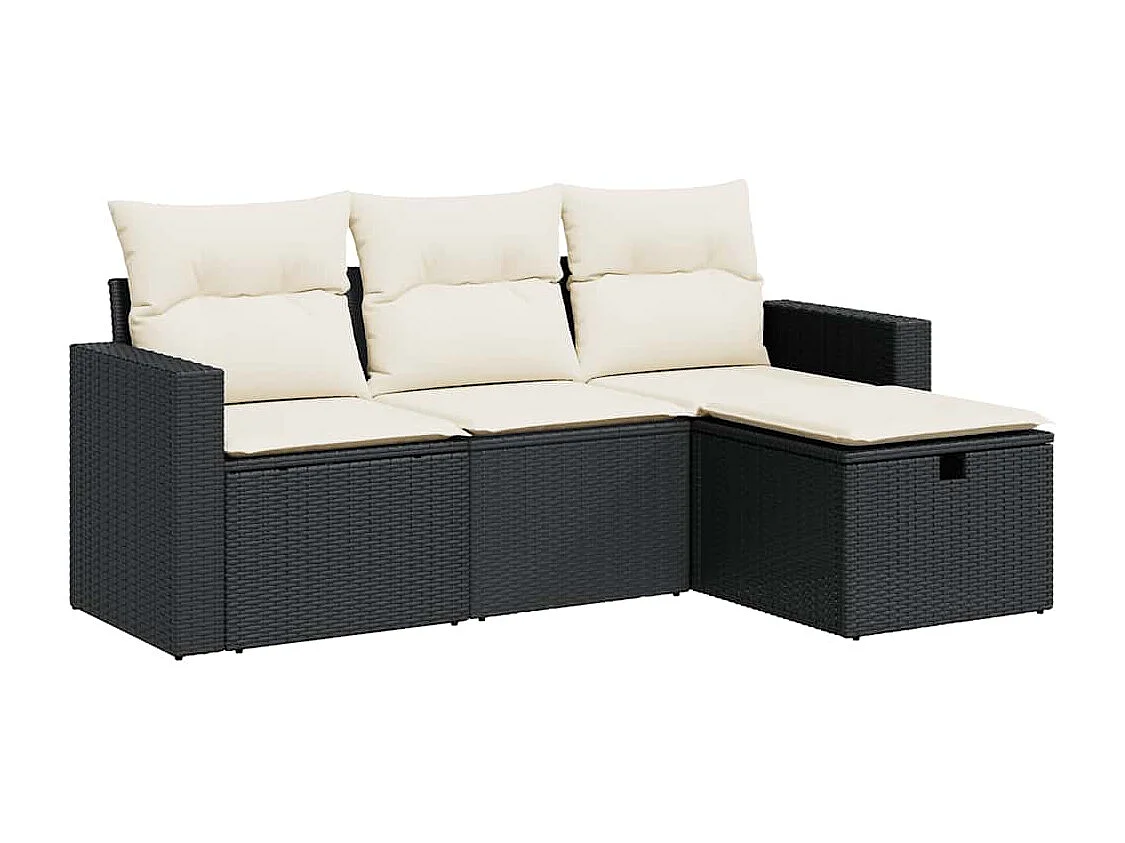 4-delige Loungeset met kussens poly rattan zwart