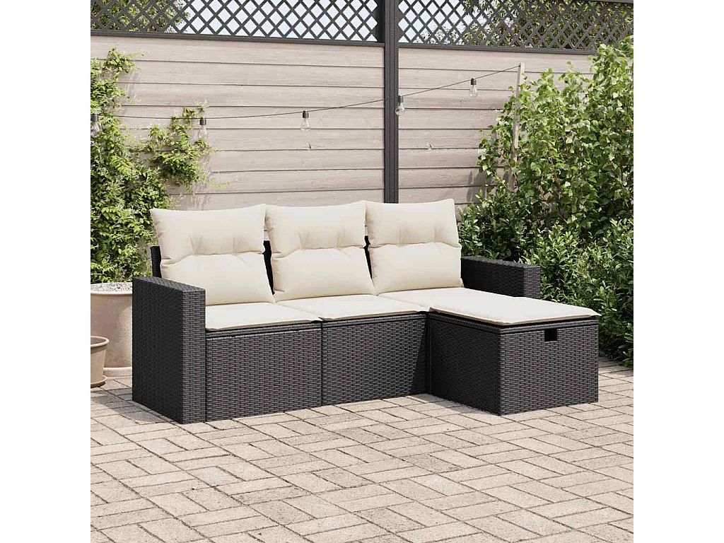 4-delige Loungeset met kussens poly rattan zwart