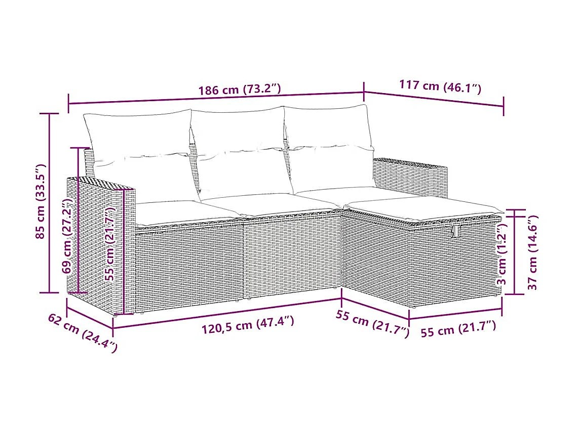 4-delige Loungeset met kussens poly rattan zwart