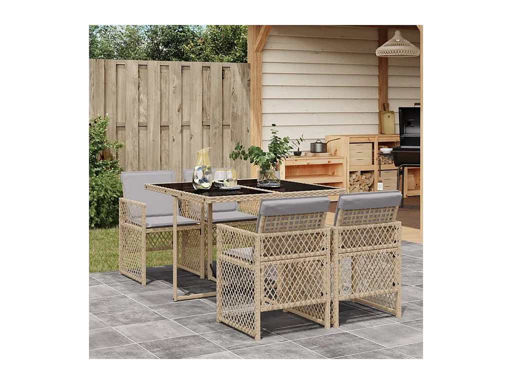 Ensemble à manger de jardin avec coussins 5pcs Beige poly rotin