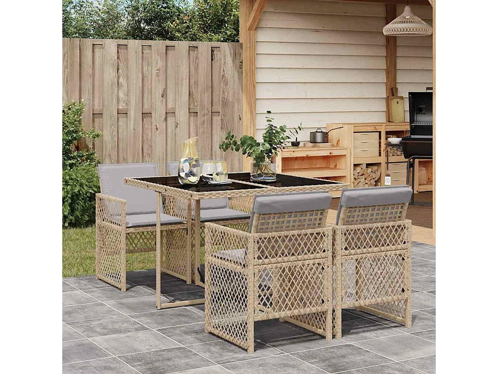 5-tlg. Garten-Essgruppe mit Kissen Beige Poly Rattan