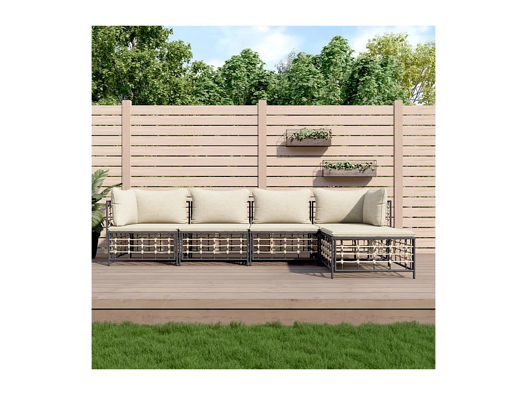 5-tlg. Garten-Lounge-Set mit Kissen Anthrazit Poly Rattan