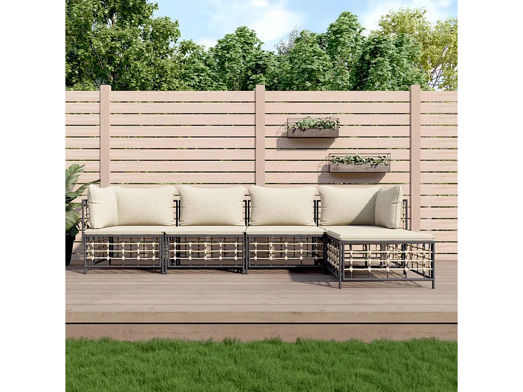 Juego de muebles de jardín 5 pzas cojines antracita ratán PE