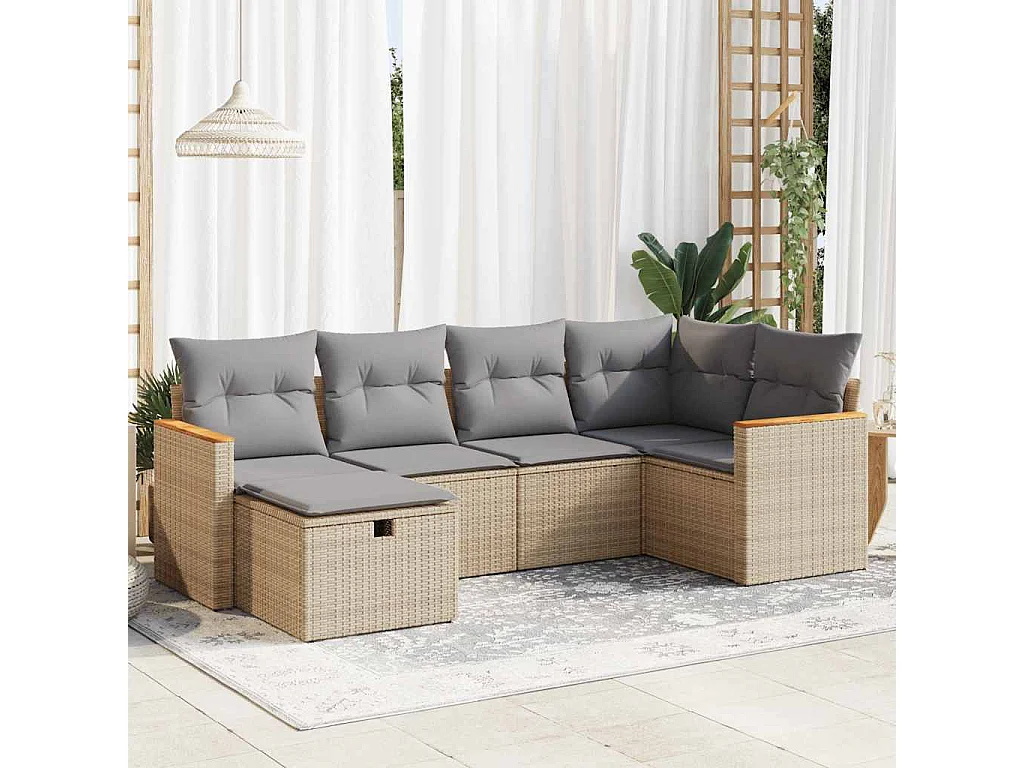 Set Divano da Giardino 6 pz con Cuscini Beige in Polyrattan