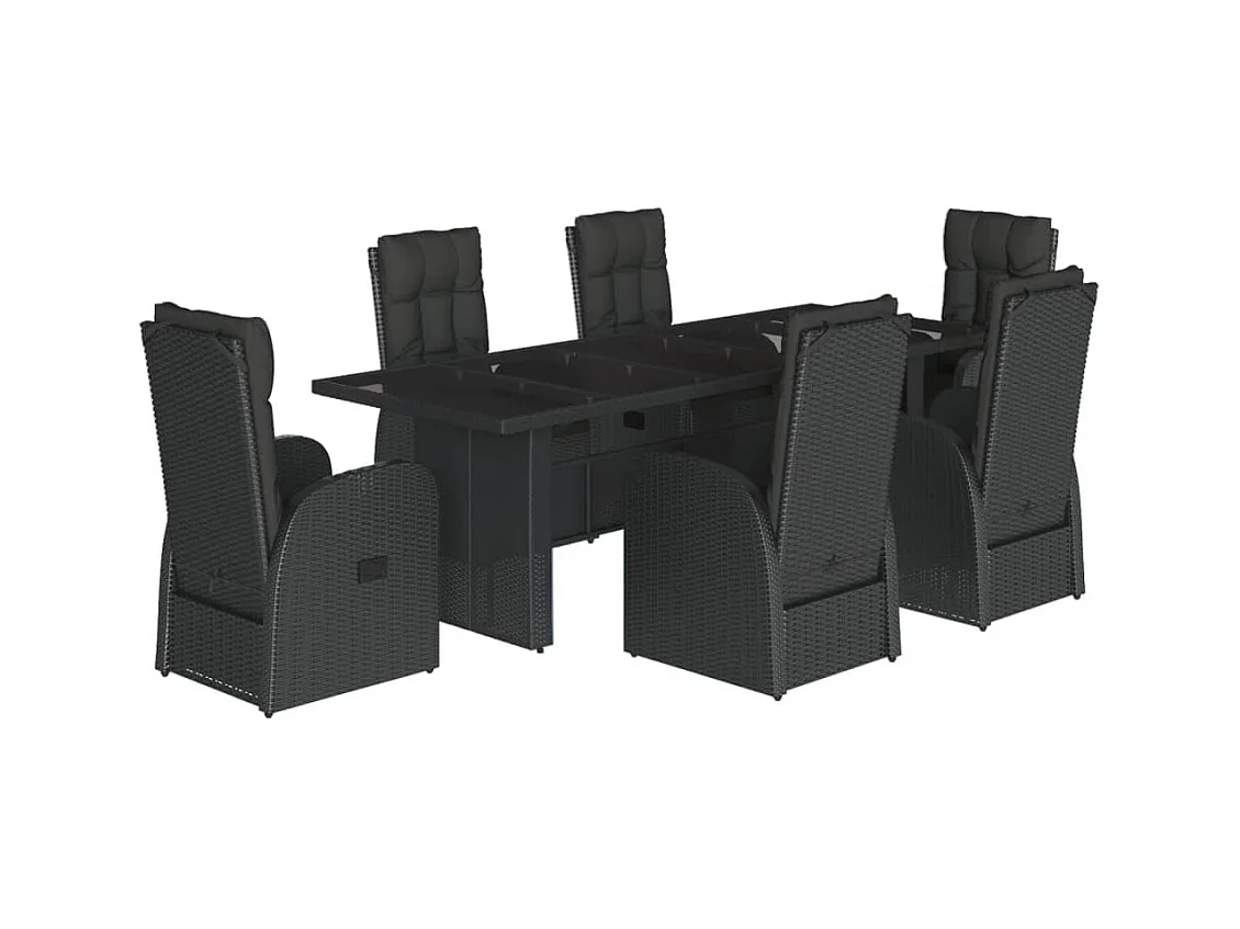 Ensemble à manger de jardin coussins 7 pcs noir résine tressée