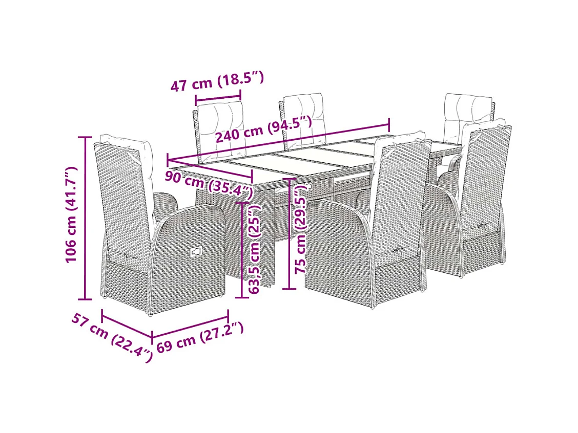 Ensemble à manger de jardin coussins 7 pcs noir résine tressée