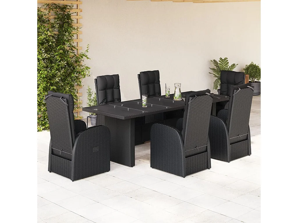 7 pcs conjunto de jantar p/ jardim c/ almofadões vime PE preto